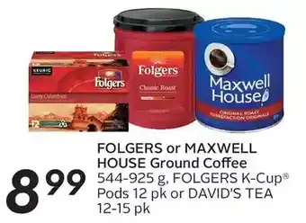 Sobeys Urban Fresh Folgers or maxwell house ground coffee, folgers k-cup pods or david's tea offer