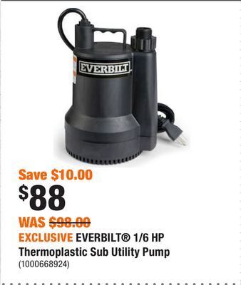 Home Depot Exclusive everbilt® 1/6 hp thermoplastic sub utility pump offer
