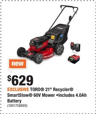 Home Depot Exclusive toro® 21 recycler® smartstow® 60v mower •includes 4.0ah battery offer