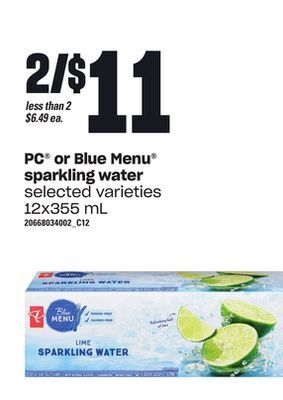 Zehrs Markets Pc® or blue menu® sparkling water, 12x355 ml offer