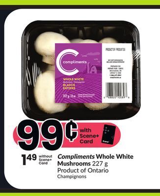 FreshCo Compliments whole white mushrooms 227 g product of ontario offer