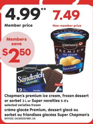 Valu-mart Crème glacée premium, dessert glacé ou sorbet ou friandises glacées super chapman's offer