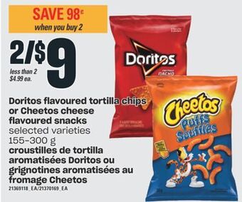 Valu-mart Croustilles de tortilla aromatisées doritos ou grignotines aromatisées au fromage cheetos, 155-300 g offer