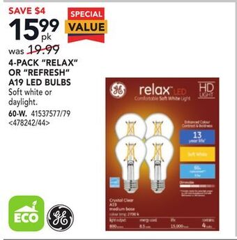RONA Ge 4-pack relax or refresh a19 led bulbs offer