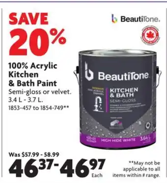 Home Hardware 100% acrylic kitchen & bath paint semi-gloss or velvet offer
