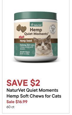 Petvalu Naturvet quiet moments hemp soft chews for cats offer