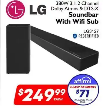 Factory Direct Lg 380w 3.1.2 channel dolby atmos & dts:x soundbar with wifi sub offer