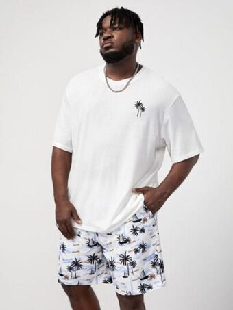 SheIn Extended sizes men coconut tree print tee & shorts offer