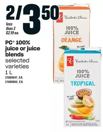 Loblaws Pc 100% juice or juice blends offer
