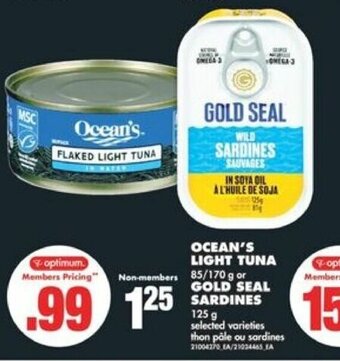 No Frills OCEAN'S LIGHT TUNA 85/170 g or GOLD SEAL SARDINES 125 g offer