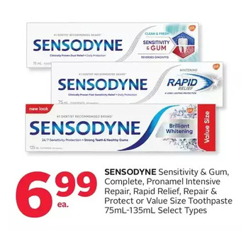Rexall Sensodyne sensitivity & gum, complete, pronamel intensive repair, rapid relief, repair & protect or value size toothpaste offer