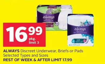 Rexall Always discreet underwear, briefs or pads offer