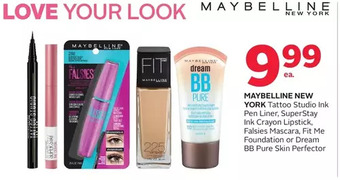 Rexall Maybelline new york tattoo studio ink pen liner, superstay ink crayon lipstick, falsies mascara, fit me foundation or dream b offer