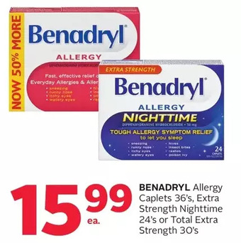 Rexall Benadryl allergy caplets, extra strength nighttime or total extra strength offer