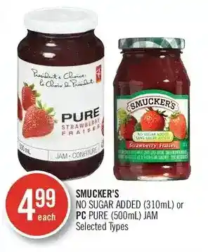 Shoppers Drug Mart Smucker's no sugar added or oc pure jam offer