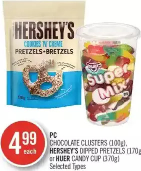 Shoppers Drug Mart Pc chocolate clusters, hershey's dipped pretzels or huer candy cup offer