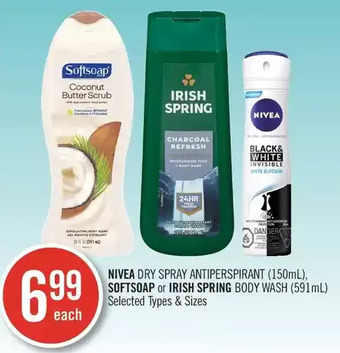 Shoppers Drug Mart Nivea dry spray antiperspirant, softsoap or irish spring body wash offer