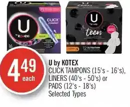 Shoppers Drug Mart U by kotex click tampons, liners or pads offer