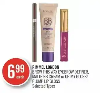 Shoppers Drug Mart Rimmel london brow this way eyebrow definer, matte bb cream or oh my gloss! plump lip gloss offer