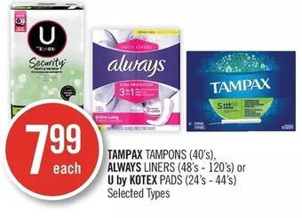 Shoppers Drug Mart Tampax tampons, always liners or u by kotex pads offer