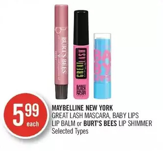 Shoppers Drug Mart Maybelline new york great lash mascara, baby lips lip balm or burt's bees lip shimmer offer