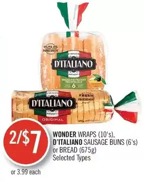 Shoppers Drug Mart Wonder wraps, d'italiano sausage buns or bread offer