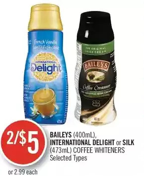 Shoppers Drug Mart Baileys, international delight or silk coffee whiteners offer