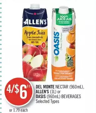 Shoppers Drug Mart Del monte nectar, allen's or oasis beverages offer