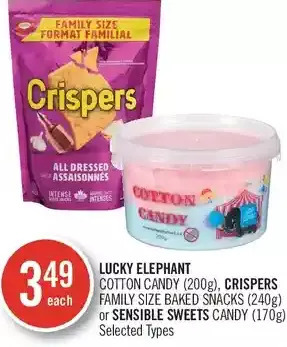 Shoppers Drug Mart Lucky elephant cotton candy, crispers family size baked snacks or sensible sweets candy offer