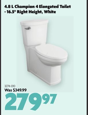 Home Hardware 4.8 l champion 4 elongated toilet - 16.5 right height, white offer