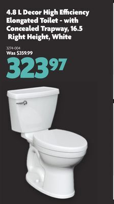Home Hardware 4.8 l decor high efficiency elongated toilet - with concealed trapway, 16.5 right height, white offer