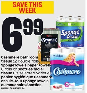 Independent City Market Papier hygiénique cashmere, 12 double rolls, essuie-tout spongetowels, 6 rolls, ou mouchoirs scotties, 6's offer