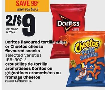 Independent City Market Croustilles de tortilla aromatisées doritos ou grignotines aromatisées au fromage cheetos, 155-300 g offer