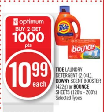 Shoppers Drug Mart Tide laundry detergent (2.04l), downy scent booster (422g) or bounce sheets (120's - 200's) offer