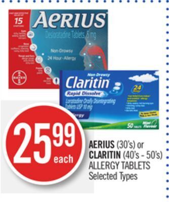 Shoppers Drug Mart Aerius (30's) or claritin (40's - 50's) allergy tablets offer