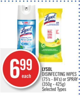 Shoppers Drug Mart Lysol disinfecting wipes (75's - 84's) or spray (350g - 425g) offer