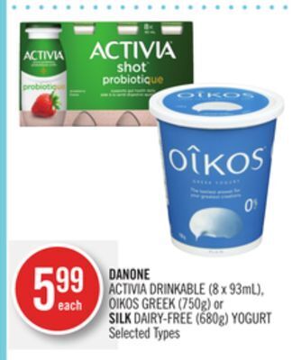 Shoppers Drug Mart Danone activia drinkable (8 x 93ml), oikos greek (750g) or silk dairy-free (680g) yogurt offer