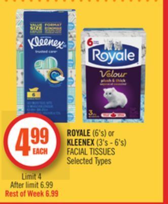 Shoppers Drug Mart Royale (6's) or kleenex (3's - 6's) facial tissues offer