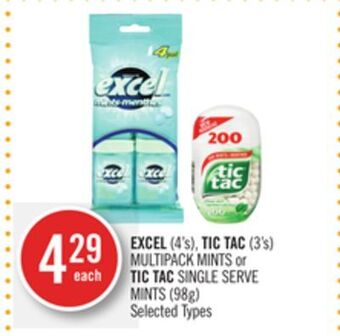 Shoppers Drug Mart Excel (4's), tic tac (3's) multipack mints or tic tac single serve mints (98g) offer