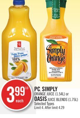 Shoppers Drug Mart Pc, simply orange juice (1.54l) or oasis juice blends (1.75l) offer
