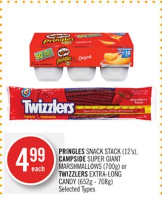 Shoppers Drug Mart Pringles snack stack (12's), campside super giant marshmallows (700g) or twizzlers extra-long candy (652g - 708g) offer