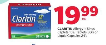 Rexall Claritin allergy + sinus caplets 15' s, tablets 30' s or liquid capsules 24' s offer