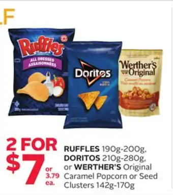 Rexall Ruffles 190g-200g, doritos 210g-280g, or werther's original caramel popcorn or seed clusters 142g-170g offer