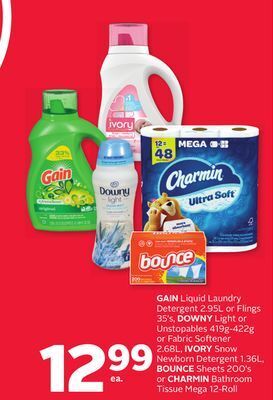 Rexall Gain liquid laundry detergent 2.95l or flings 35' s, downy light or unstopables 419g-422g or fabric softener 2.68l, ivory sno offer