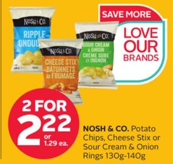 Rexall Nosh & co. potato chips, cheese stix or sour cream & onion rings 130g-140g offer