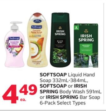 Rexall Softsoap liquid hand soap 332ml-384ml, softsoap or irish spring body wash 591ml or irish spring bar soap 6-pack offer