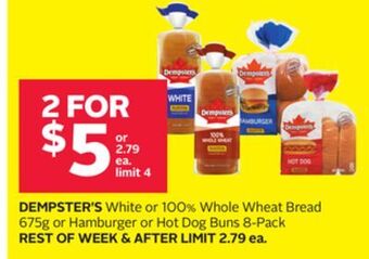 Rexall Dempster's white or 100% whole wheat bread 675g or hamburger or hot dog buns 8-pack offer
