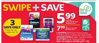 Rexall Cashmere bathroom tissue double 12-roll or ultra or ultraluxe triple 8-roll, spongetowels paper towels 6-roll or scotties fac offer
