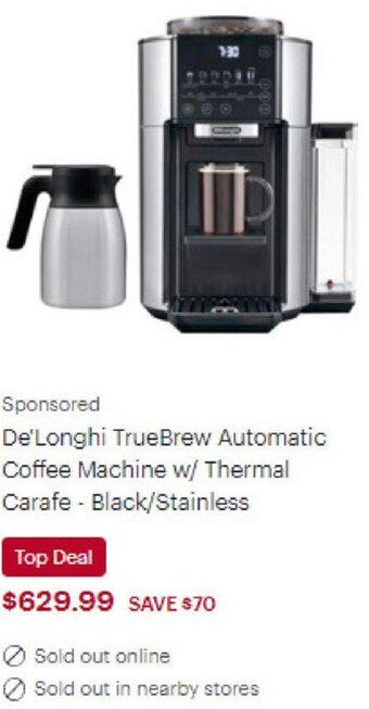 Best Buy De'Longhi TrueBrew Automatic Coffee Machine w/ Thermal Carafe - Black/Stainless offer