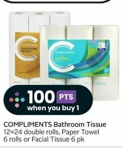Sobeys COMPLIMENTS Bathroom Tissue 12-24 double rolls, Paper Towel 6 rolls or Facial Tissue 6 pk offer
